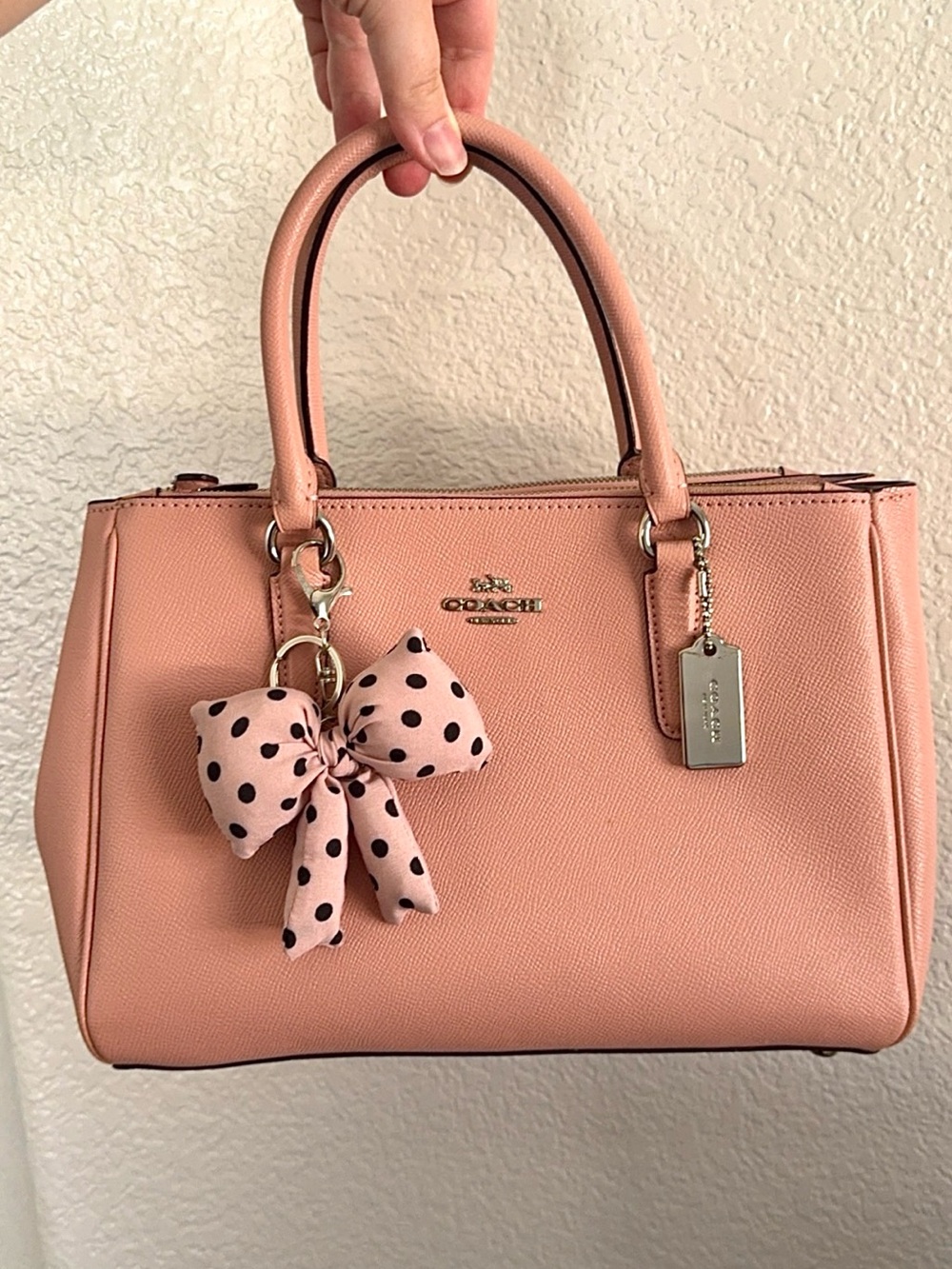 COACH Pebbled Leather Satchel in Dusty Pink with Polka Dot Bow Charm